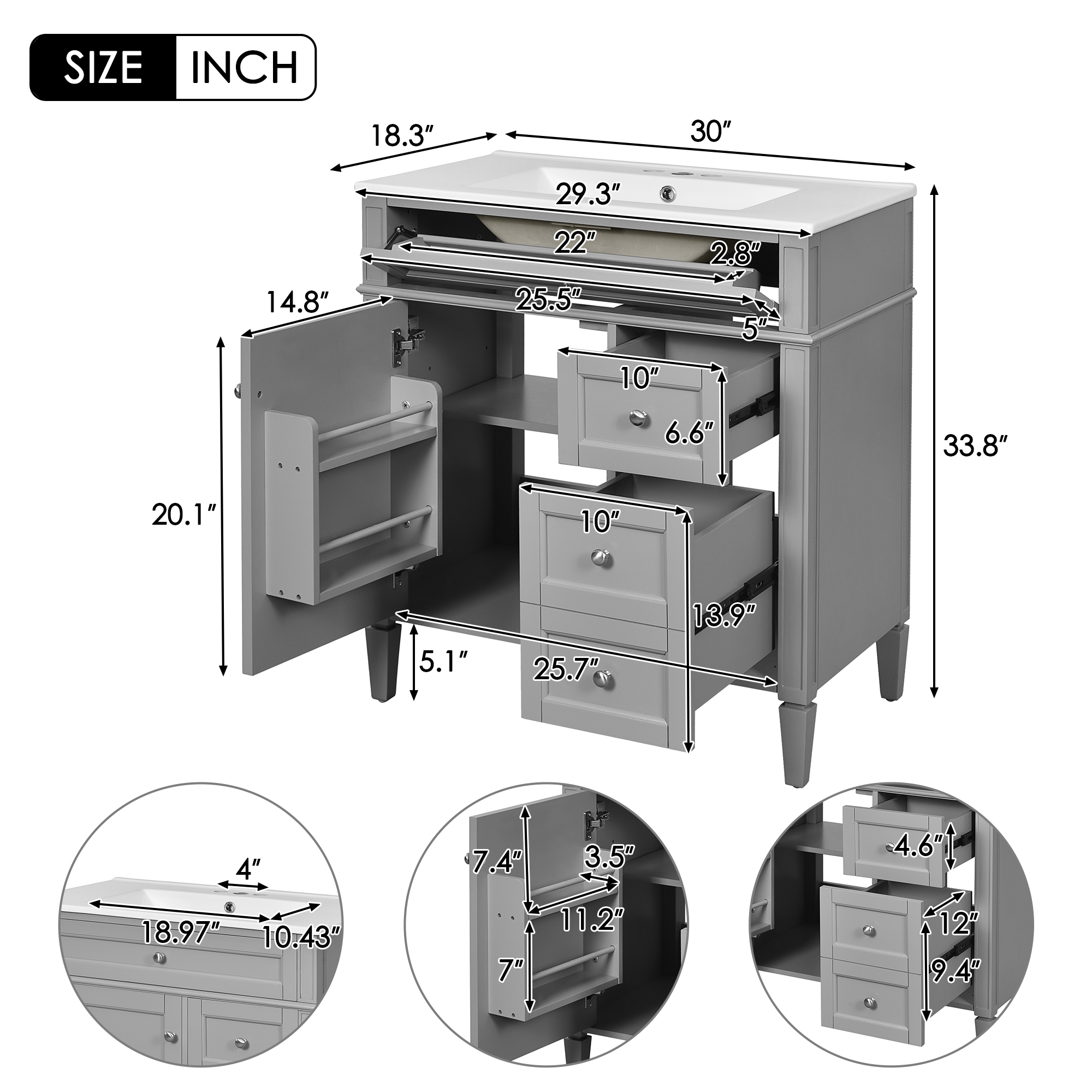 30 Bathroom Vanity with Top Sink and Drawers