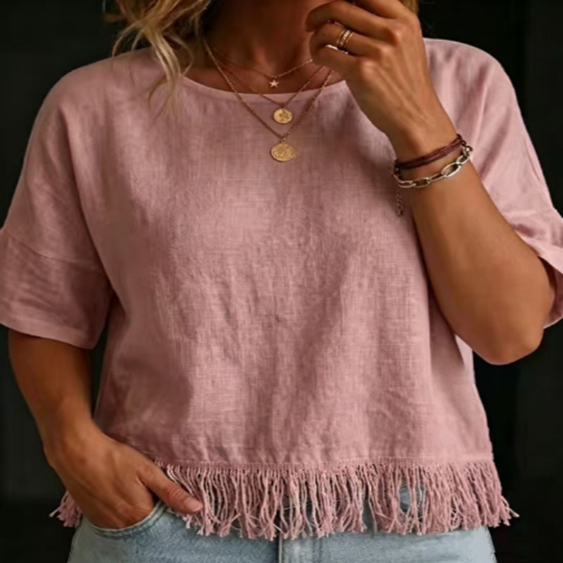 Womens Round-neck Short-sleeve Tassel Cotton-linen Shirt