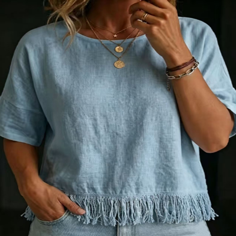 Womens Round-neck Short-sleeve Tassel Cotton-linen Shirt