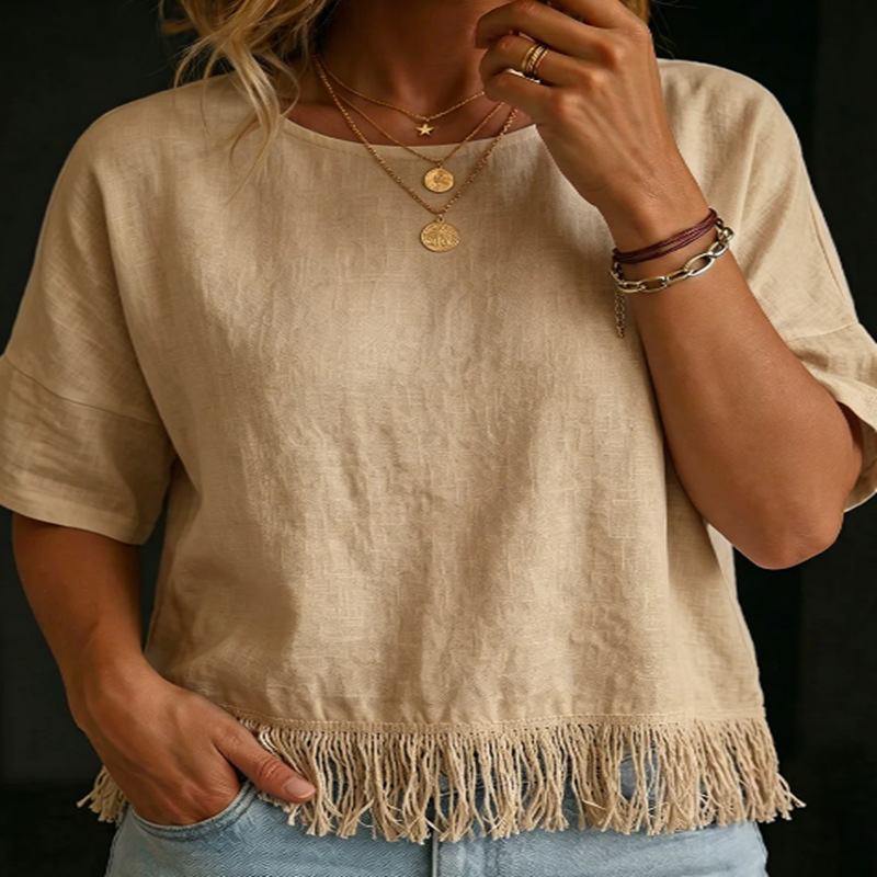 Womens Round-neck Short-sleeve Tassel Cotton-linen Shirt