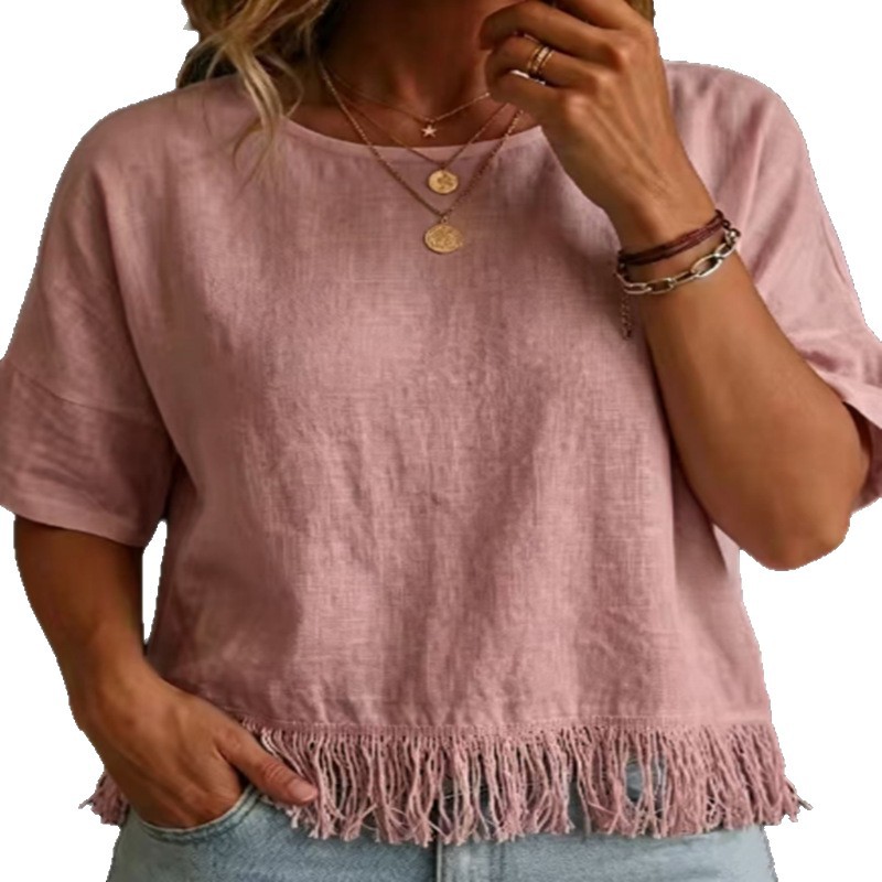 Womens Round-neck Short-sleeve Tassel Cotton-linen Shirt
