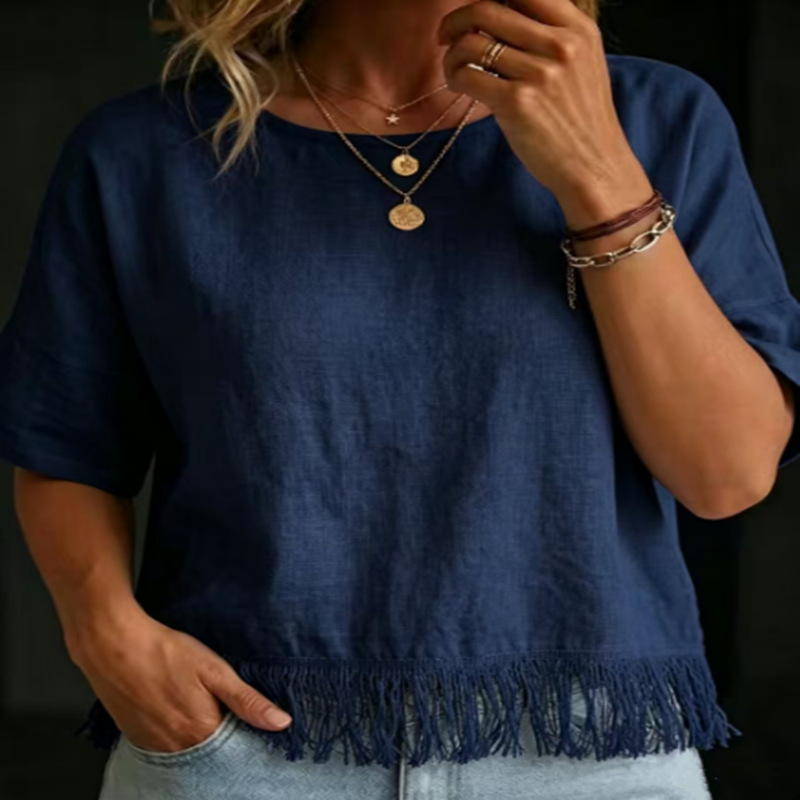Womens Round-neck Short-sleeve Tassel Cotton-linen Shirt