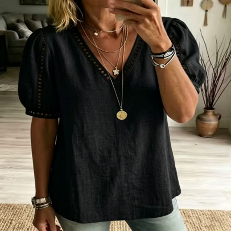 Womens Cotton-Linen Shirt V-Neck Short-Sleeve