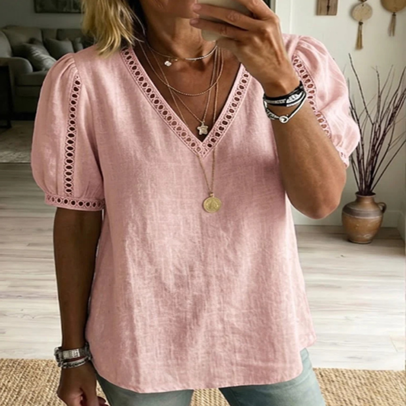 Womens Cotton-Linen Shirt V-Neck Short-Sleeve