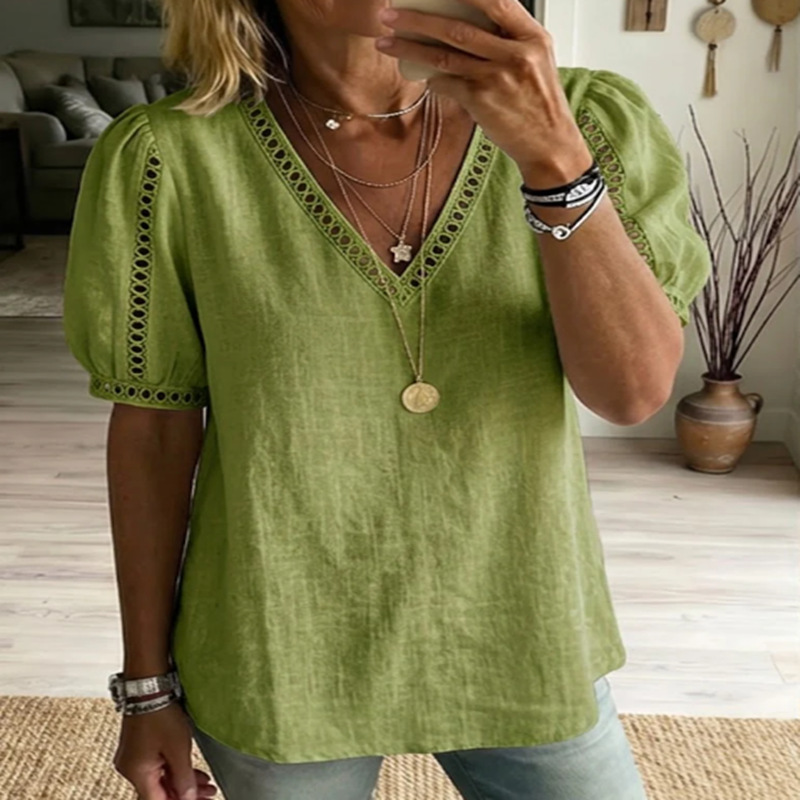 Womens Cotton-Linen Shirt V-Neck Short-Sleeve