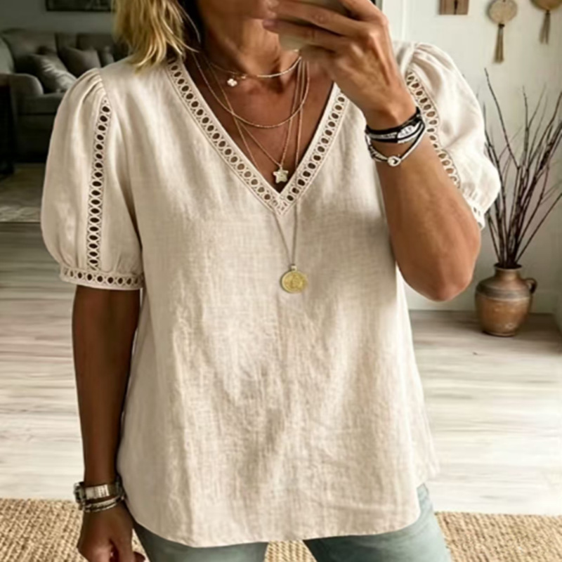 Womens Cotton-Linen Shirt V-Neck Short-Sleeve