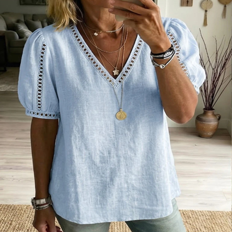 Womens Cotton-Linen Shirt V-Neck Short-Sleeve