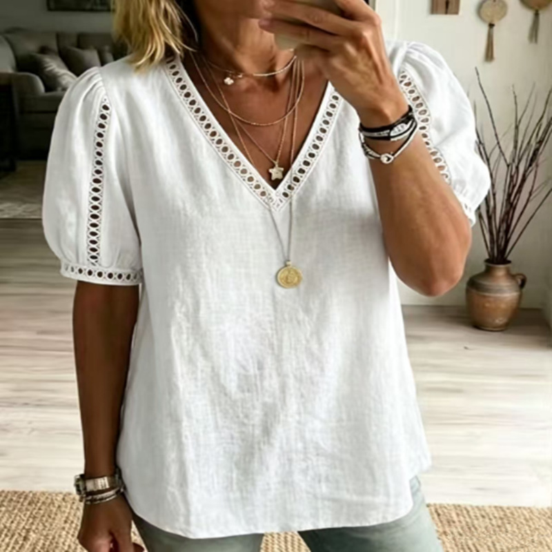 Womens Cotton-Linen Shirt V-Neck Short-Sleeve