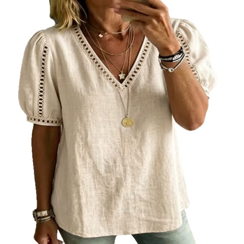 Womens Cotton-Linen Shirt V-Neck Short-Sleeve
