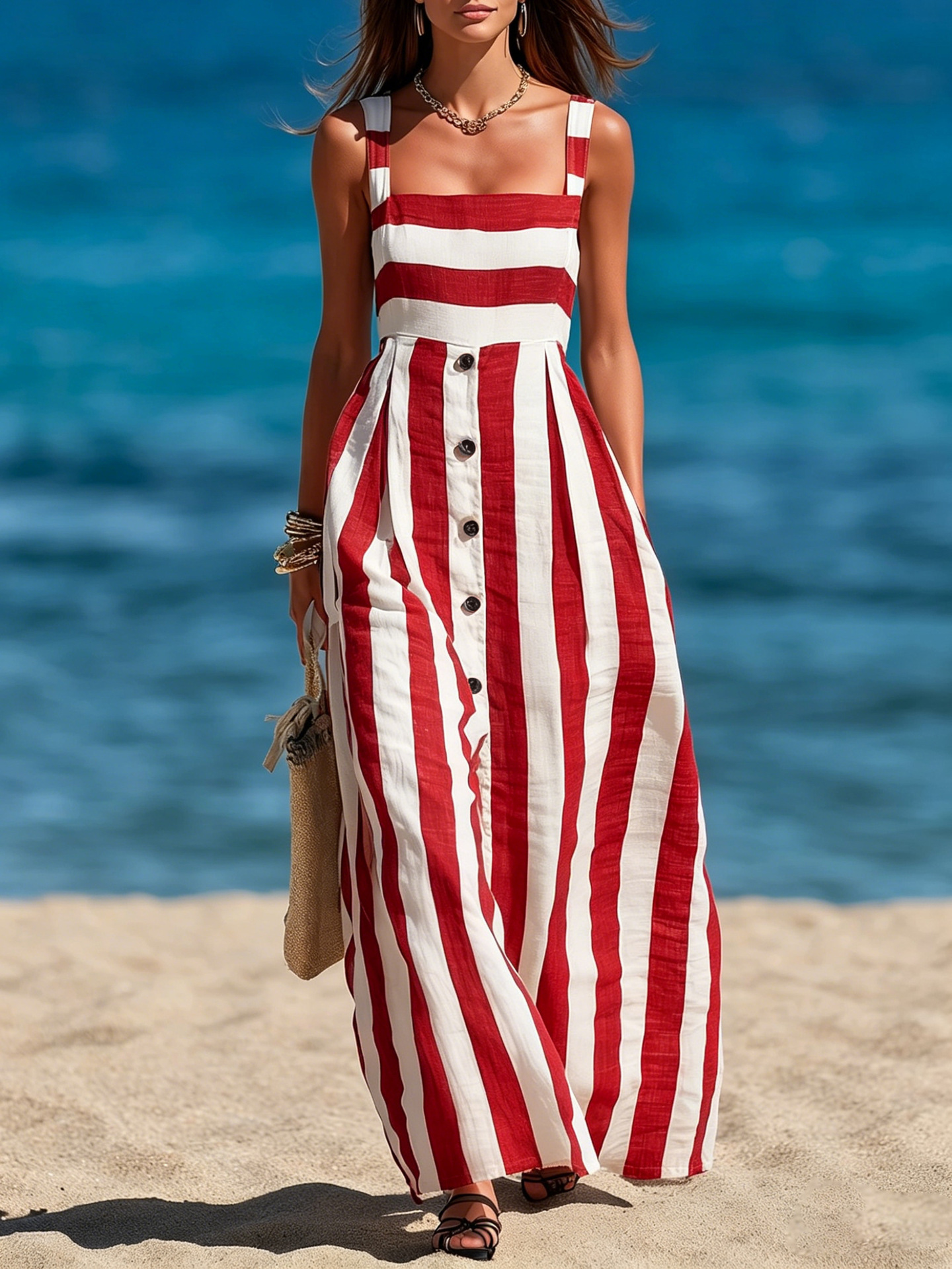 Womens Strap Single-breasted Sleeveless Linen Maxi Dress