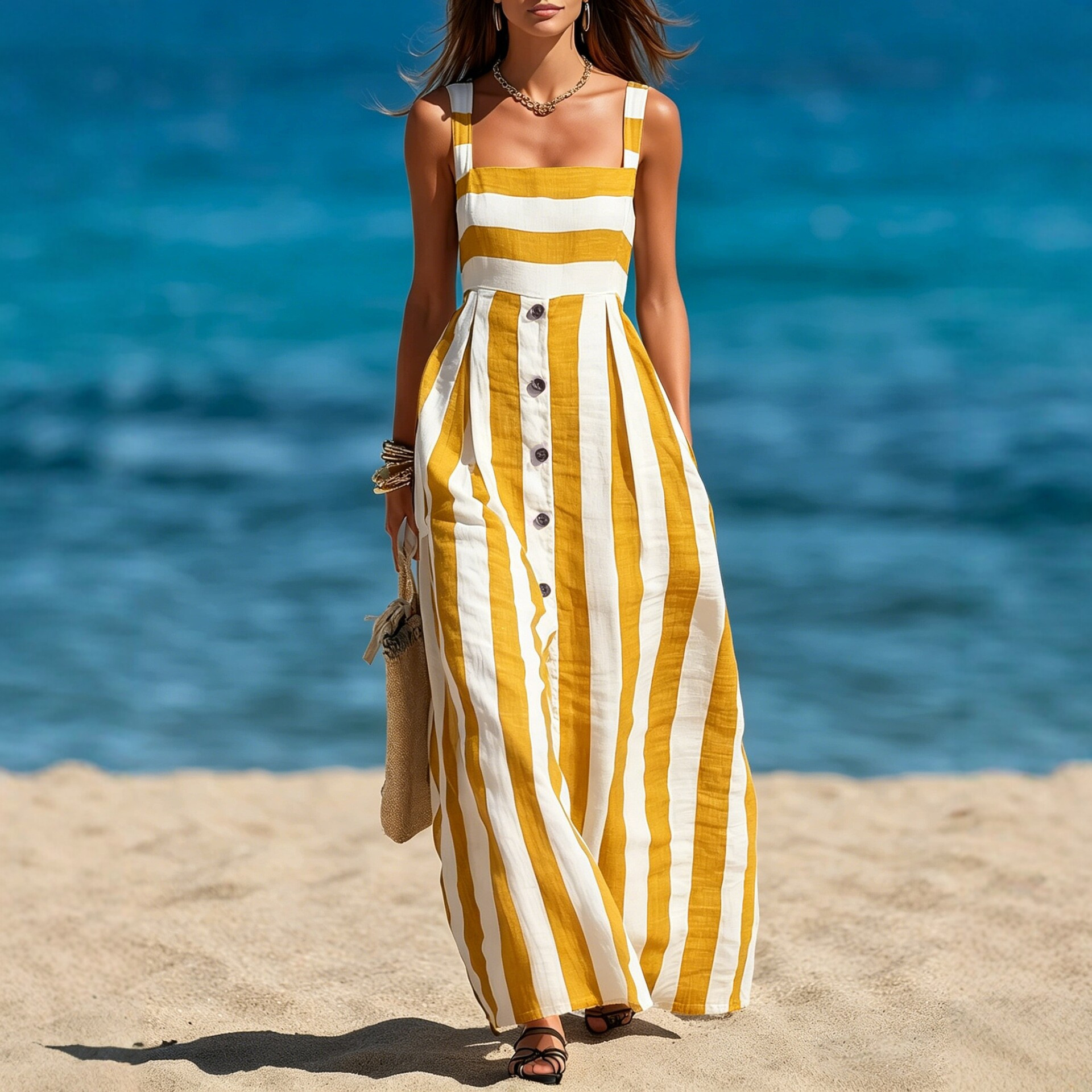 Womens Strap Single-breasted Sleeveless Linen Maxi Dress
