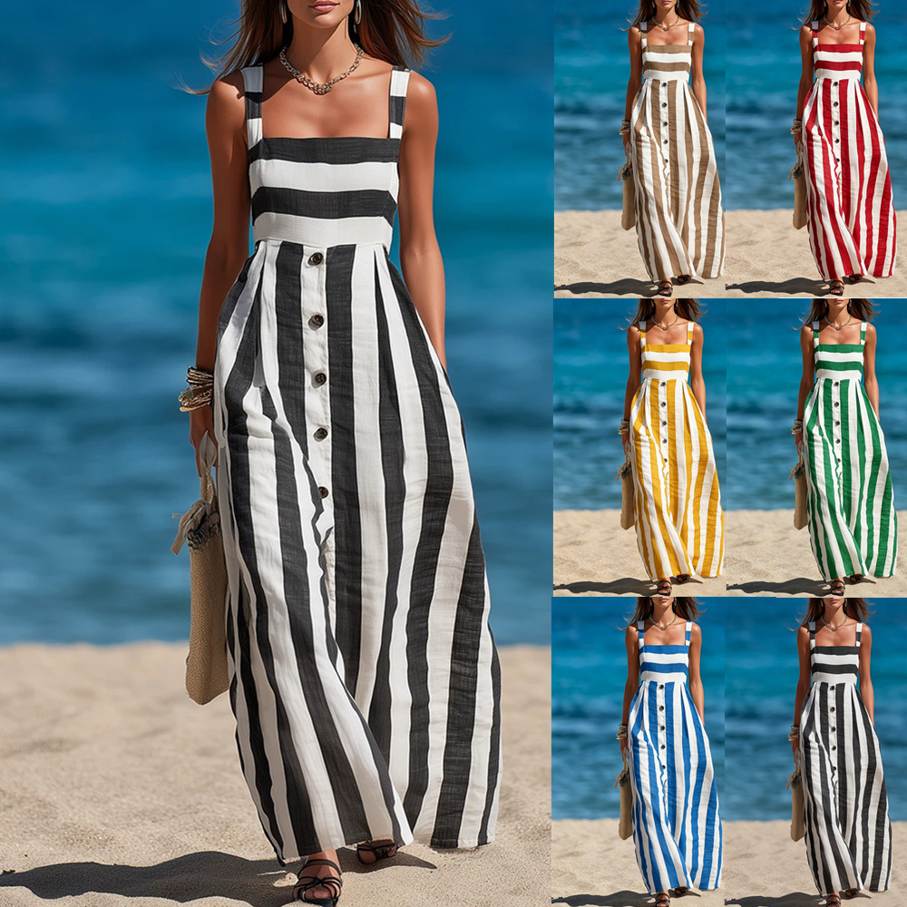 Womens Strap Single-breasted Sleeveless Linen Maxi Dress