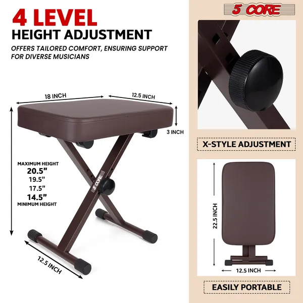 Keyboard Bench Padded Cushion Adjustable Brown