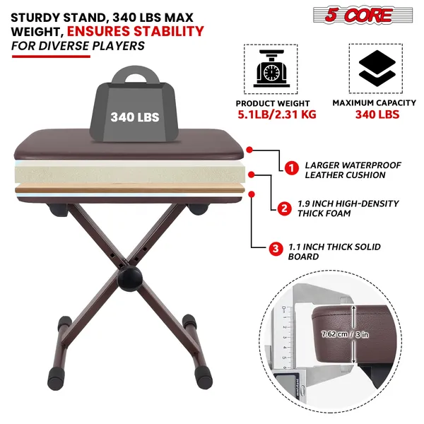 Keyboard Bench Padded Cushion Adjustable Brown