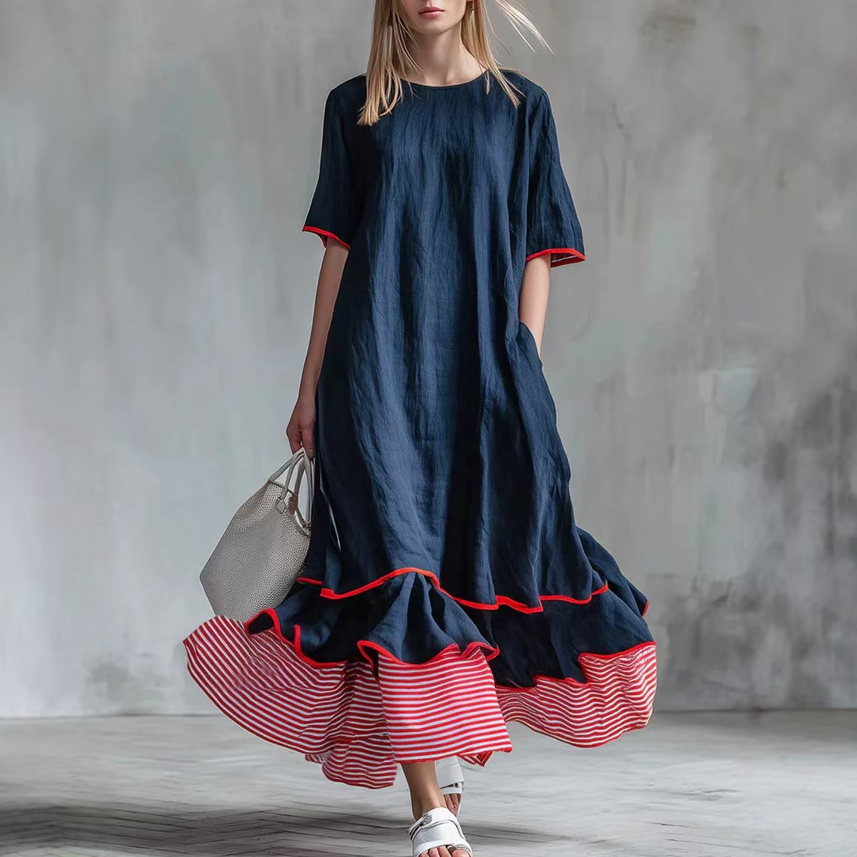 Womens Linen Contrast-striped Dress