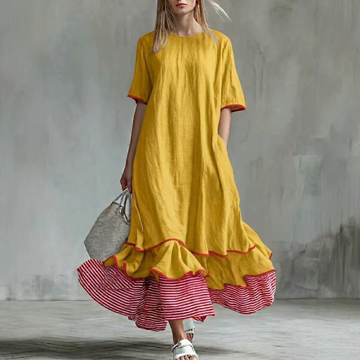 Womens Linen Contrast-striped Dress