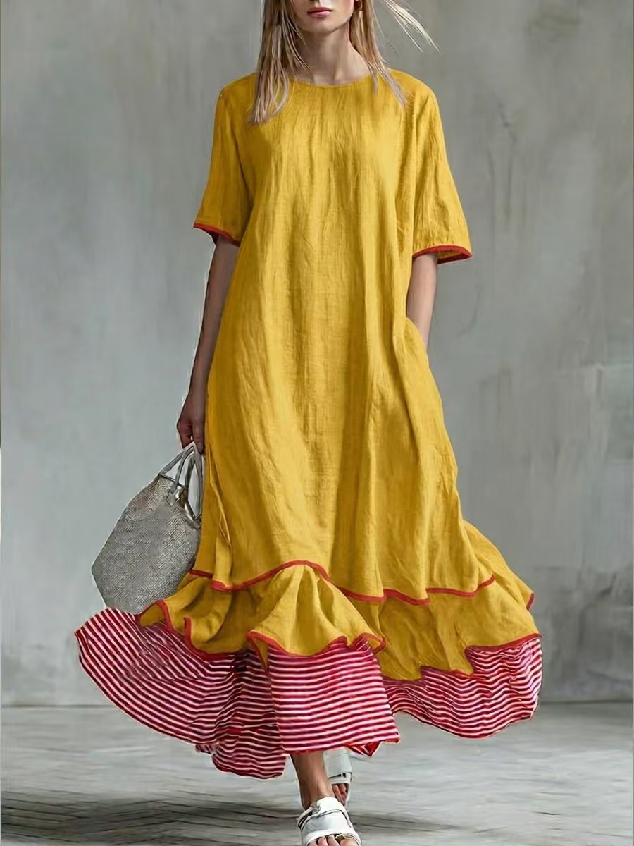 Womens Linen Contrast-striped Dress