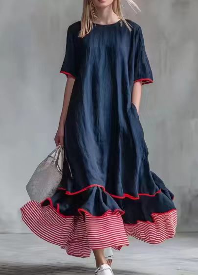 Womens Linen Contrast-striped Dress