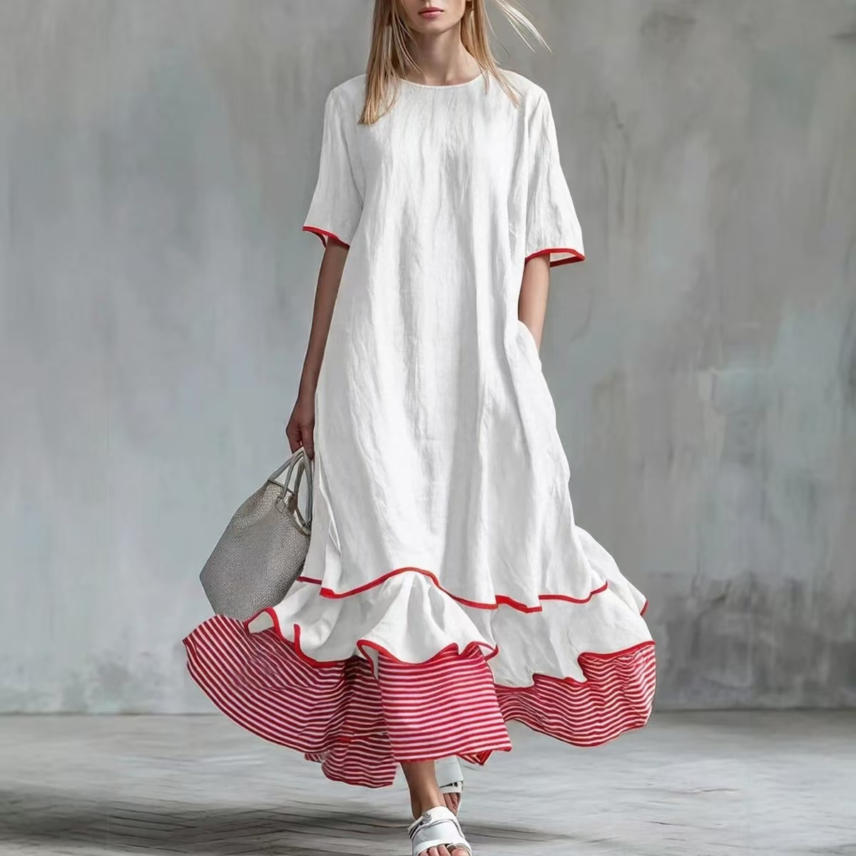 Womens Linen Contrast-striped Dress
