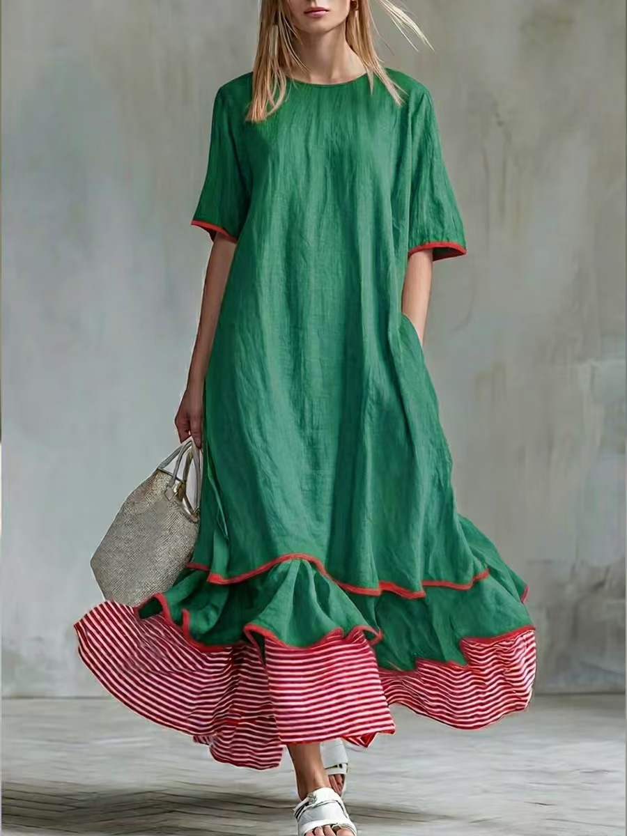 Womens Linen Contrast-striped Dress