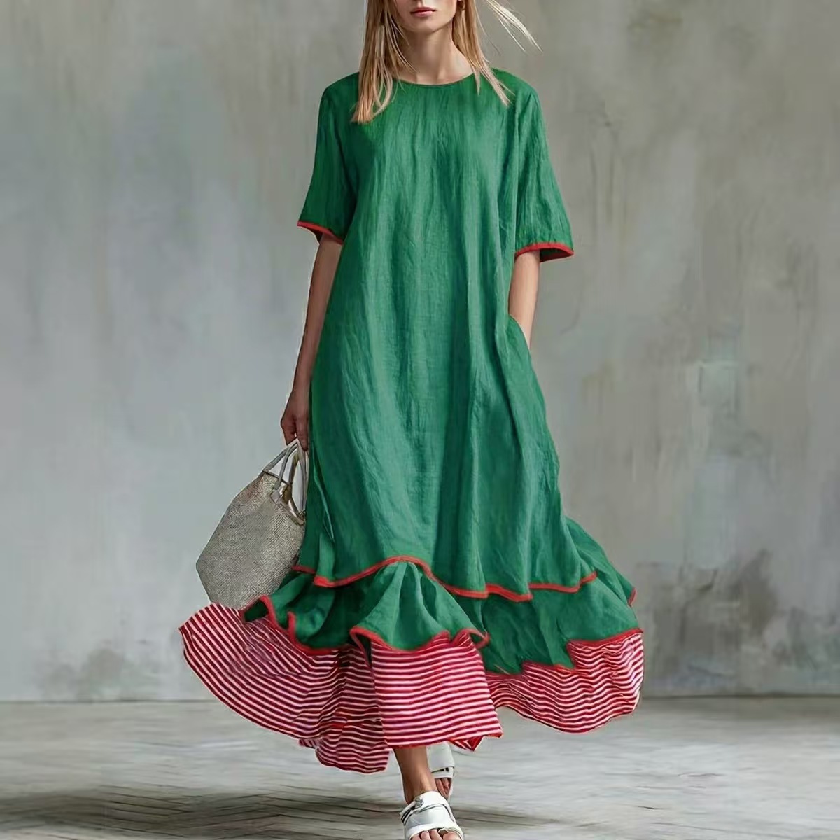 Womens Linen Contrast-striped Dress