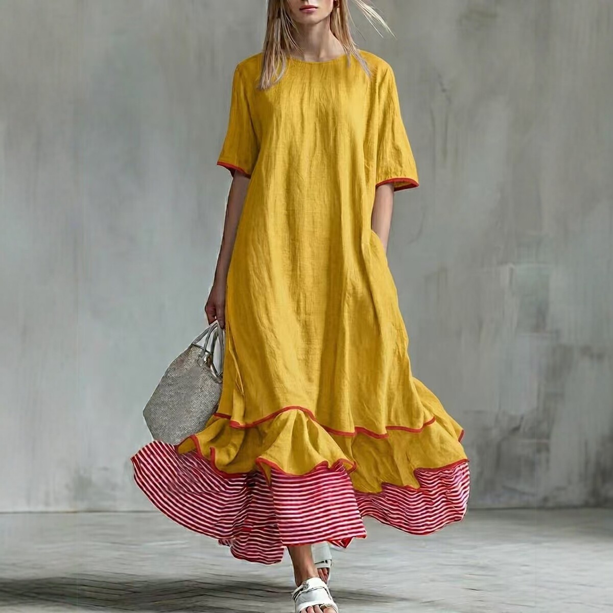Womens Linen Contrast-striped Dress