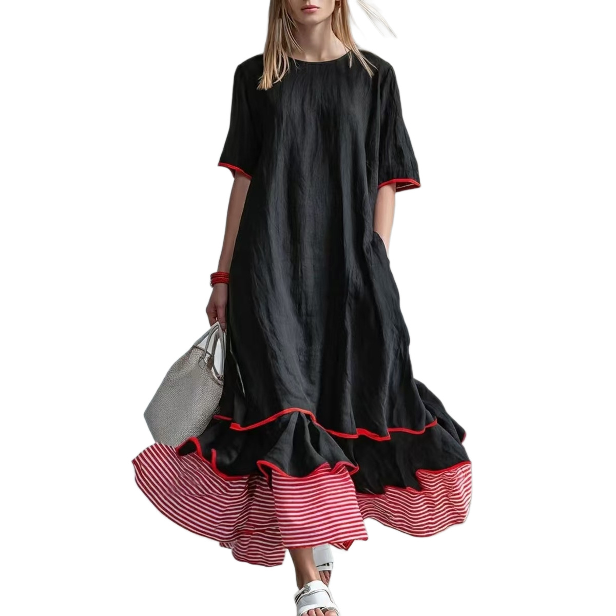Womens Linen Contrast-striped Dress