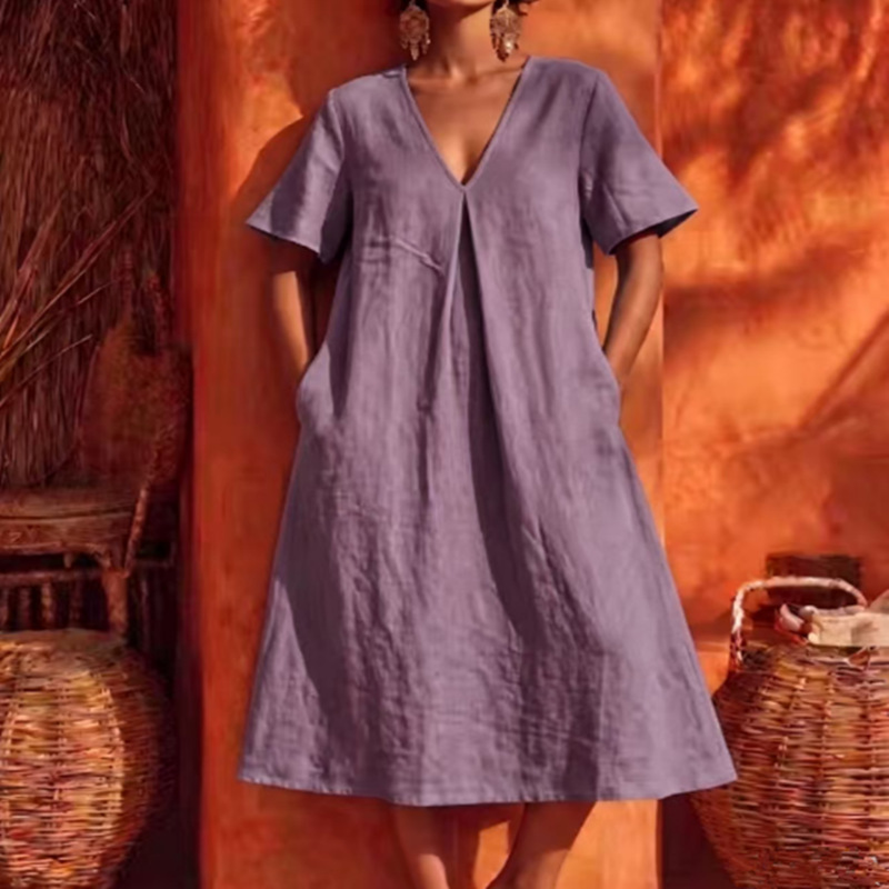 V-neck Cotton-linen Dress