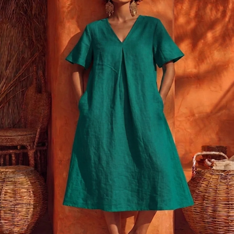 V-neck Cotton-linen Dress
