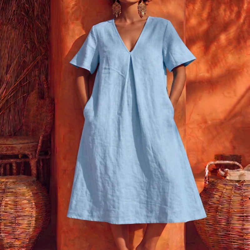 V-neck Cotton-linen Dress