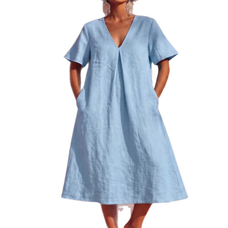 V-neck Cotton-linen Dress