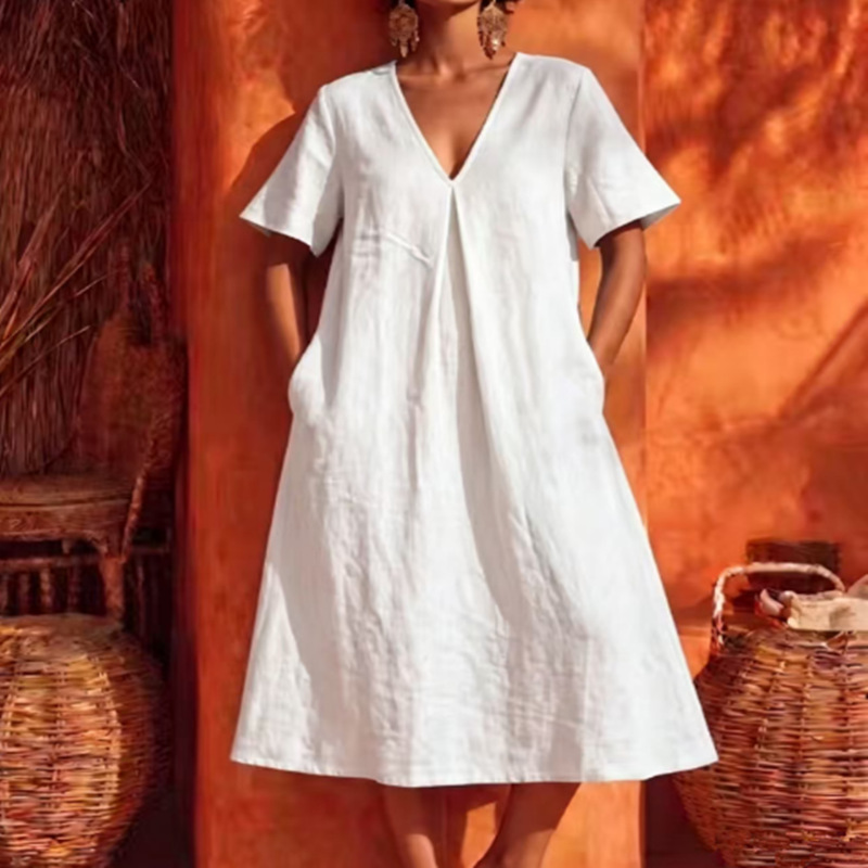 V-neck Cotton-linen Dress