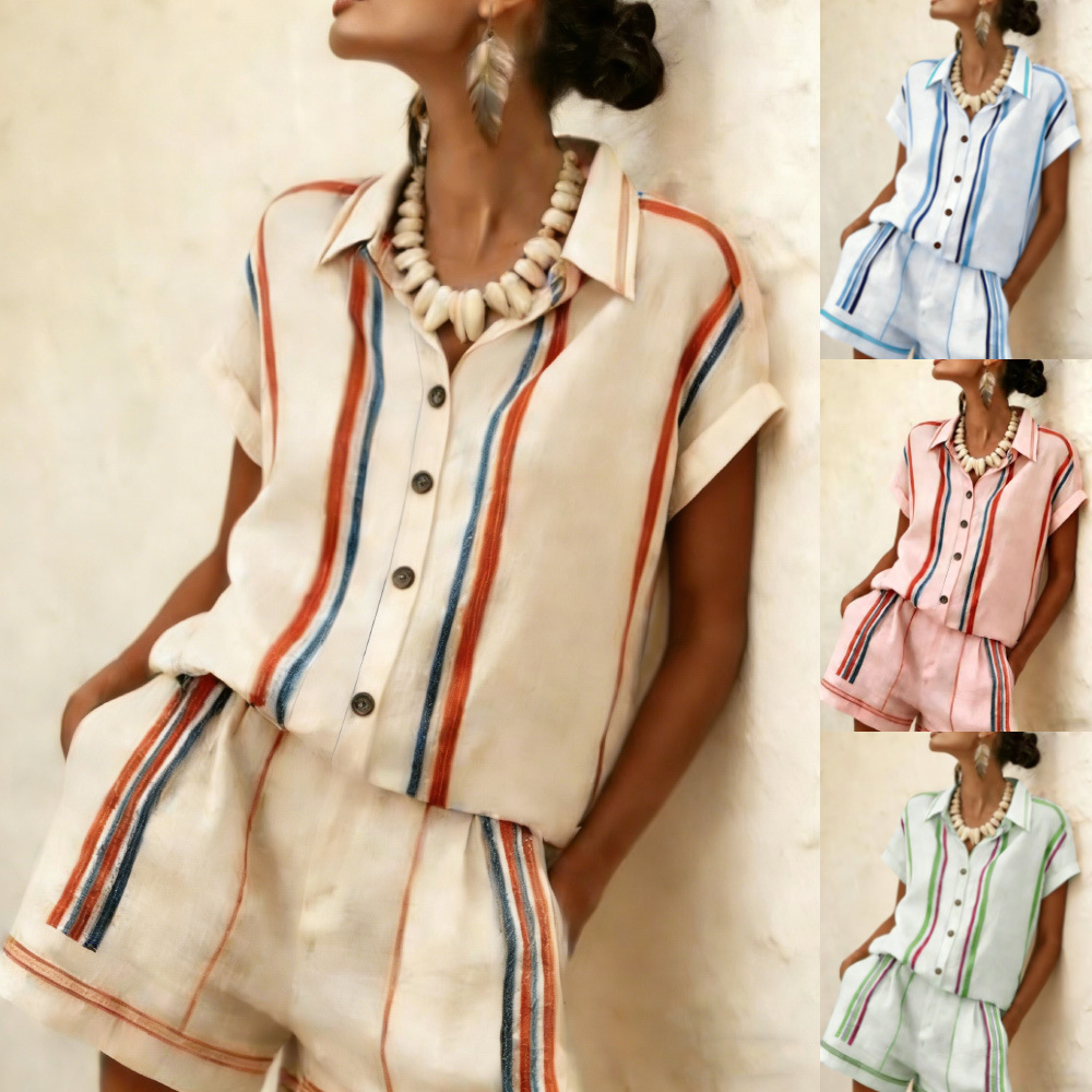 Womens Striped Shirt Shorts Set Short-sleeve