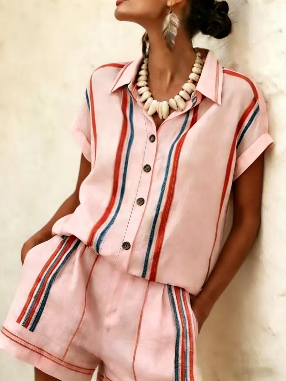 Womens Striped Shirt Shorts Set Short-sleeve