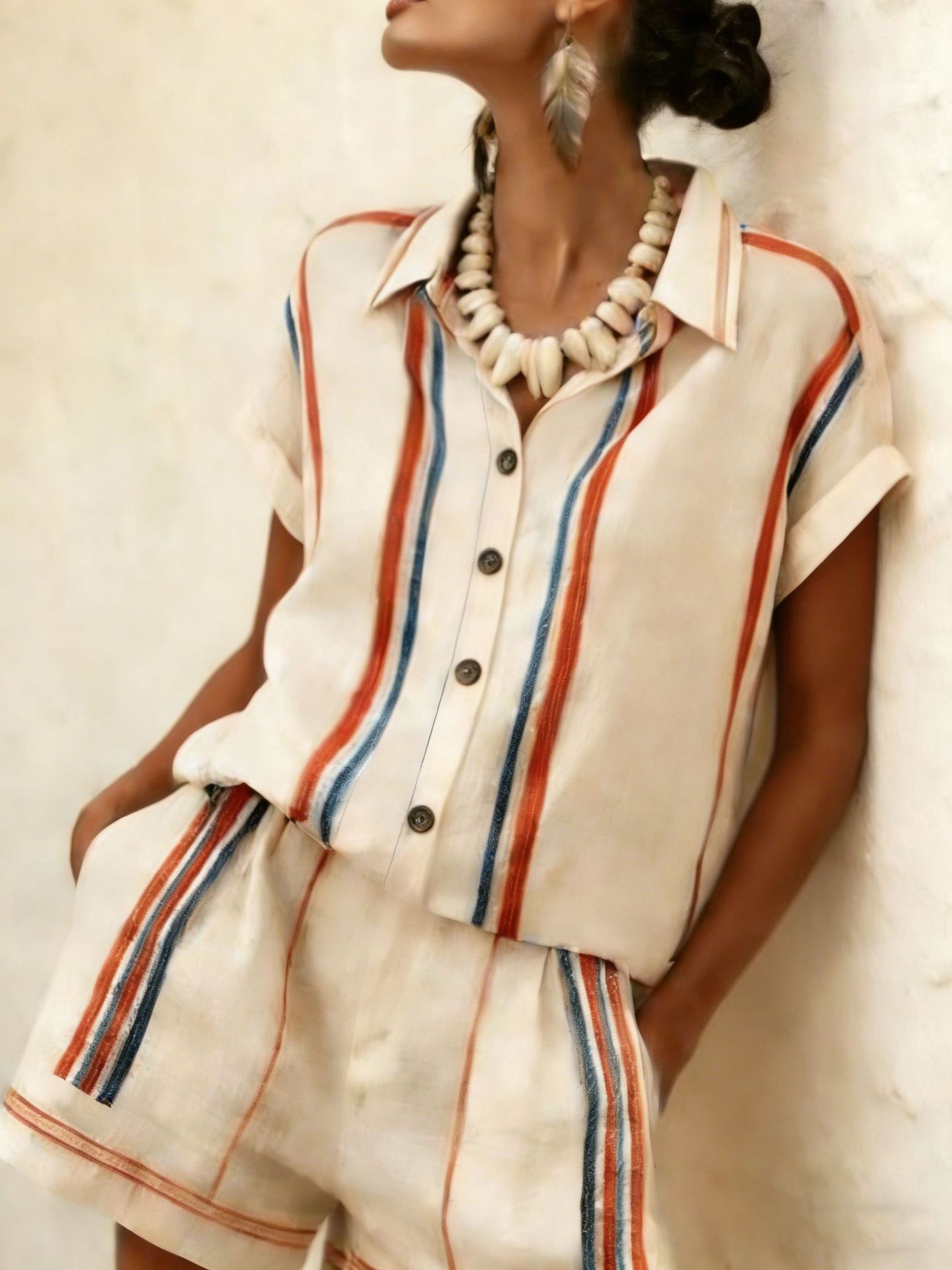Womens Striped Shirt Shorts Set Short-sleeve
