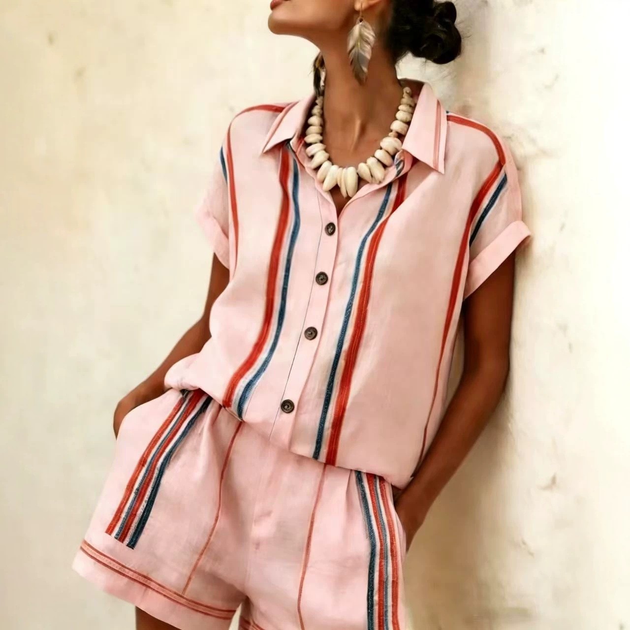 Womens Striped Shirt Shorts Set Short-sleeve