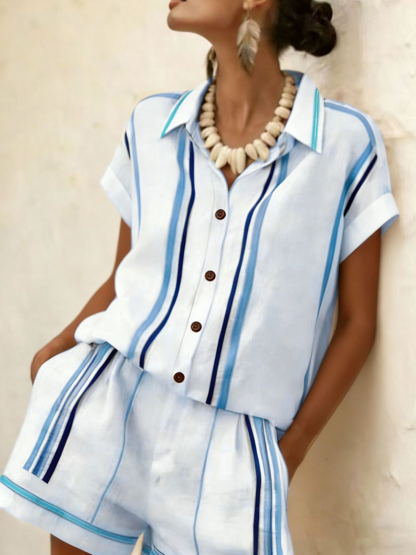 Womens Striped Shirt Shorts Set Short-sleeve