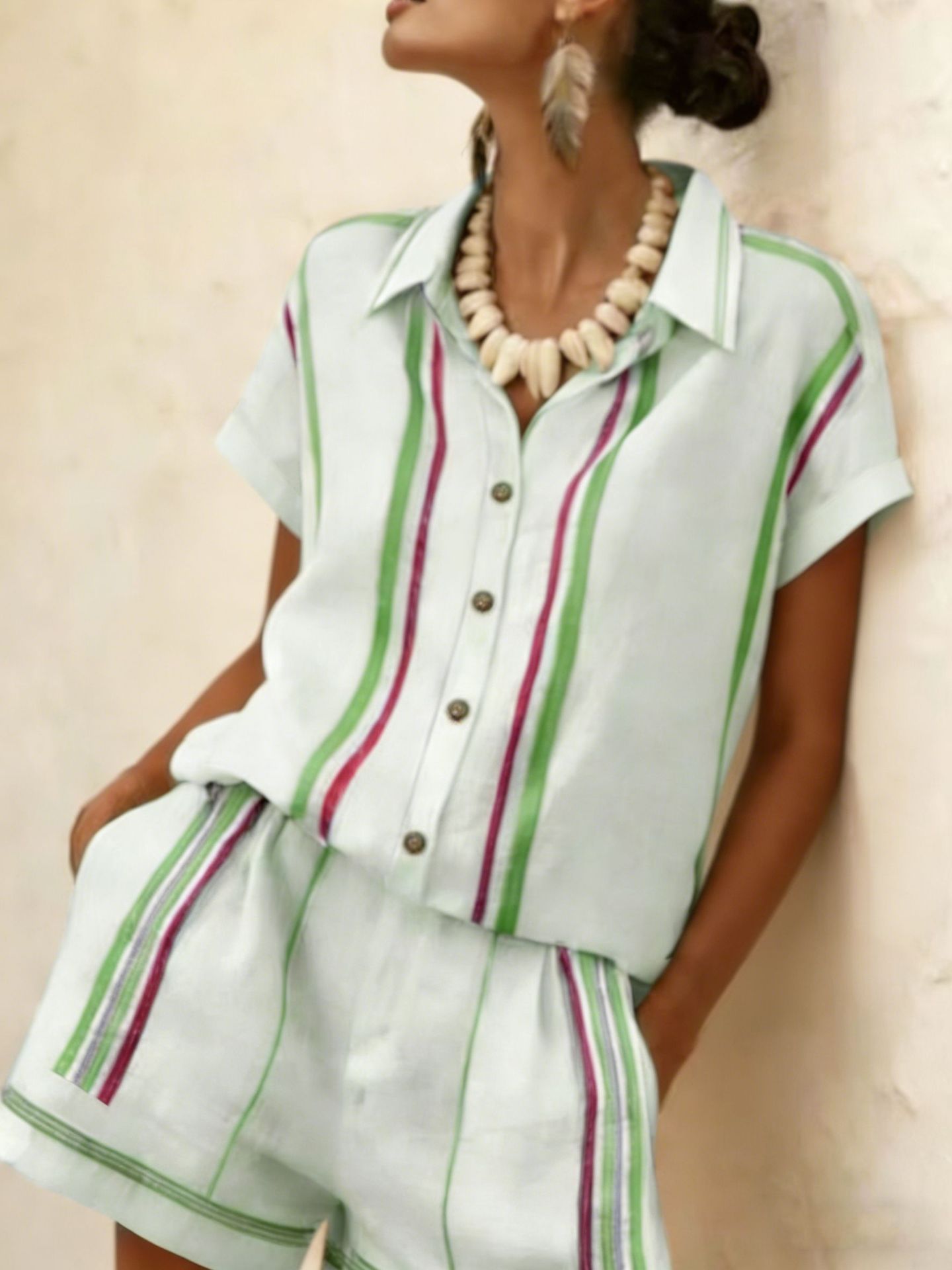 Womens Striped Shirt Shorts Set Short-sleeve