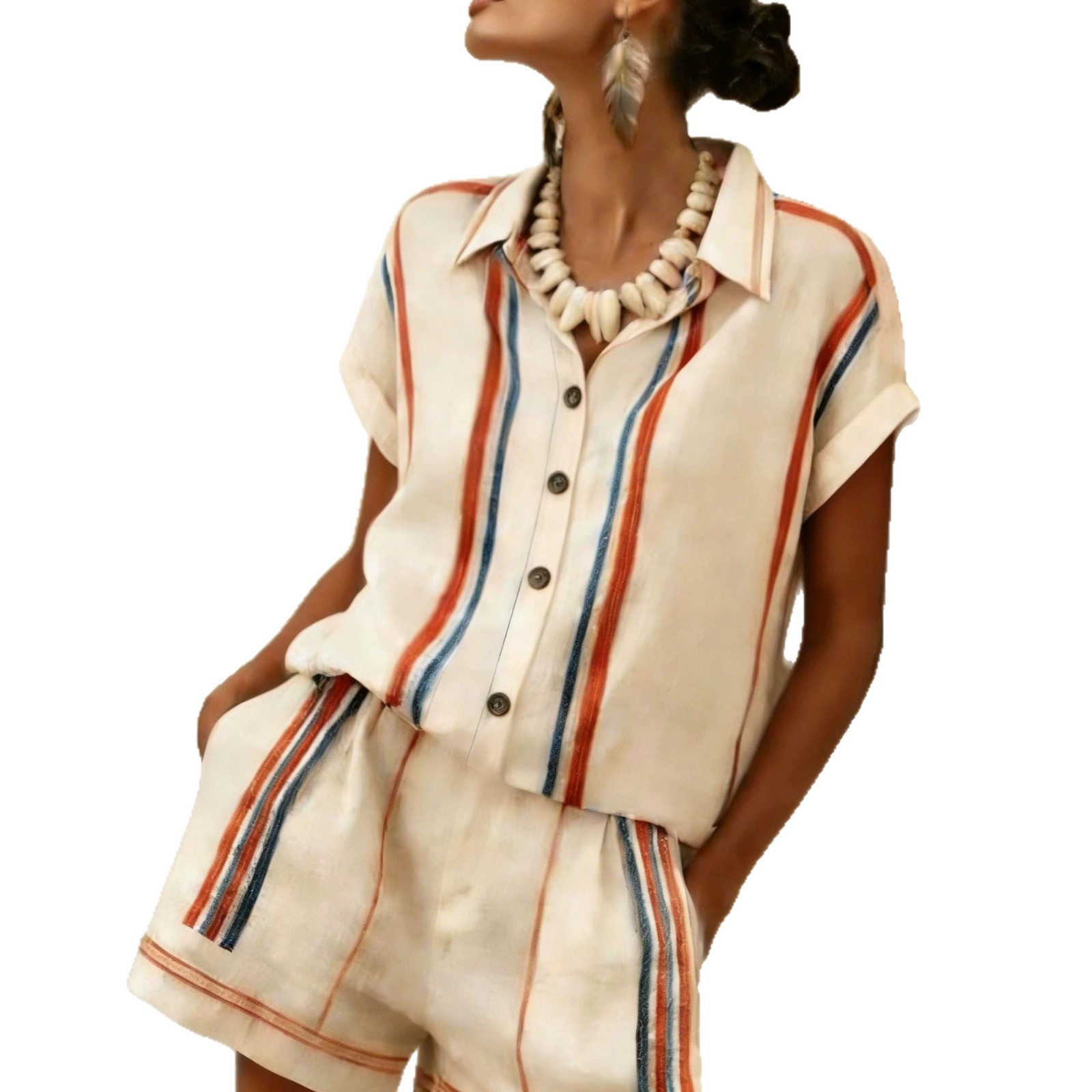 Womens Striped Shirt Shorts Set Short-sleeve