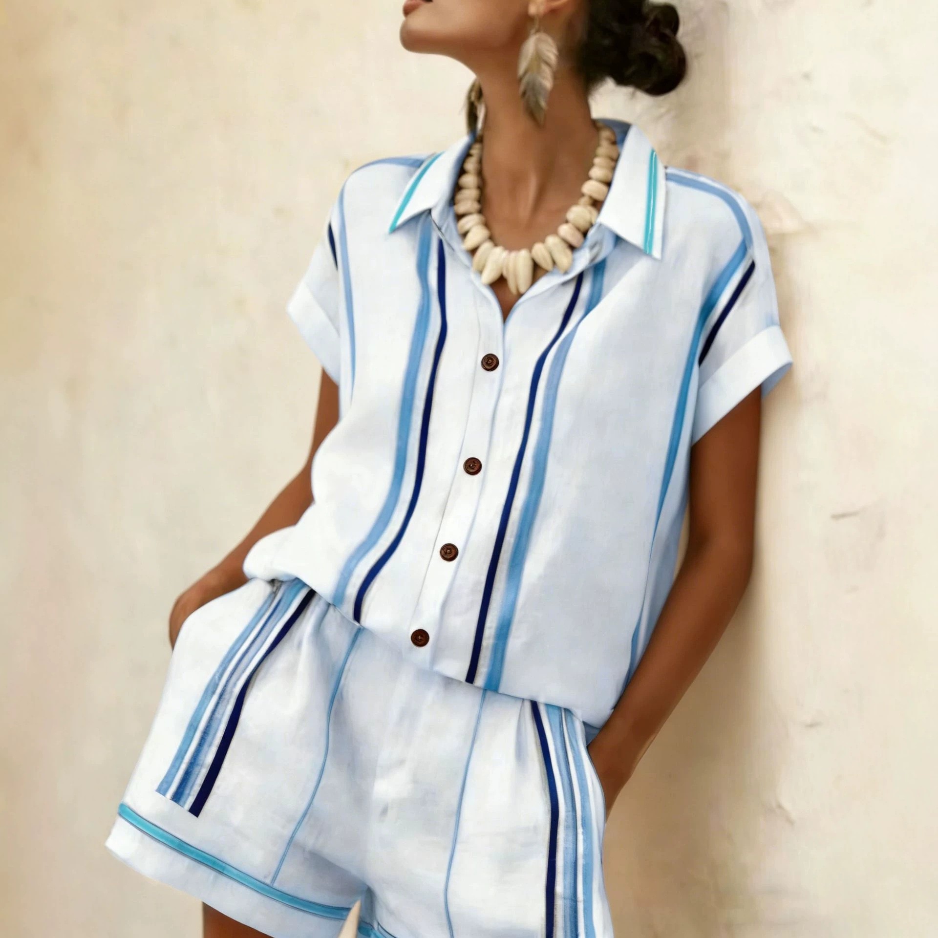 Womens Striped Shirt Shorts Set Short-sleeve