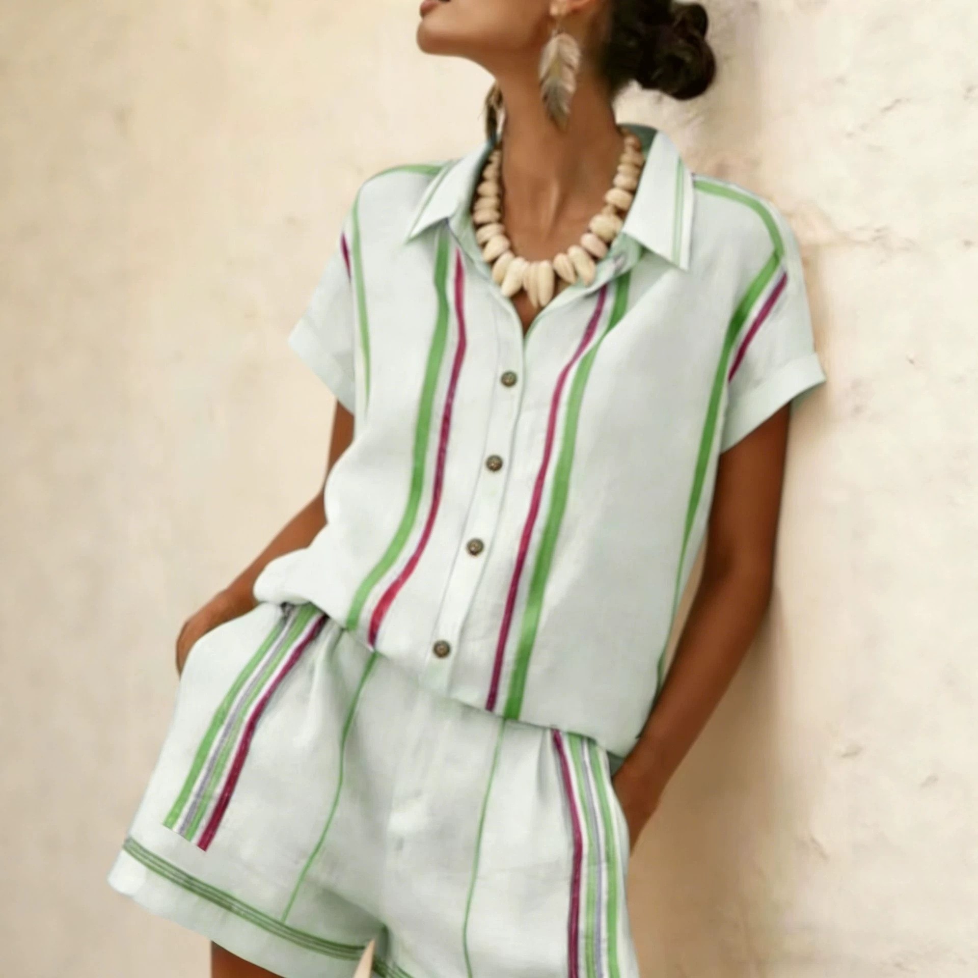 Womens Striped Shirt Shorts Set Short-sleeve