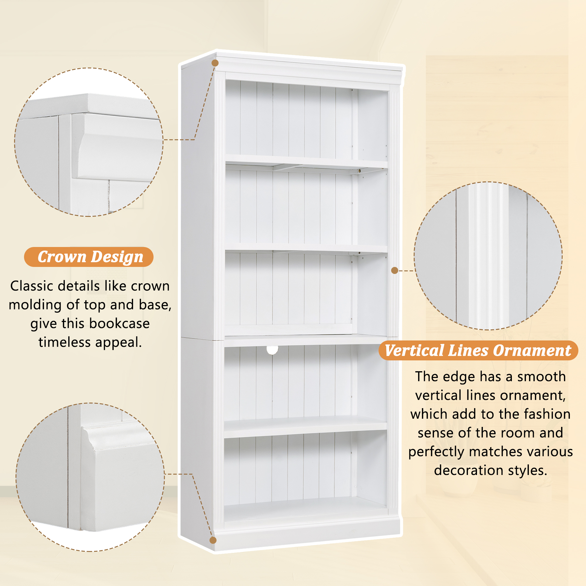Bookcase 5-Tier Wood White