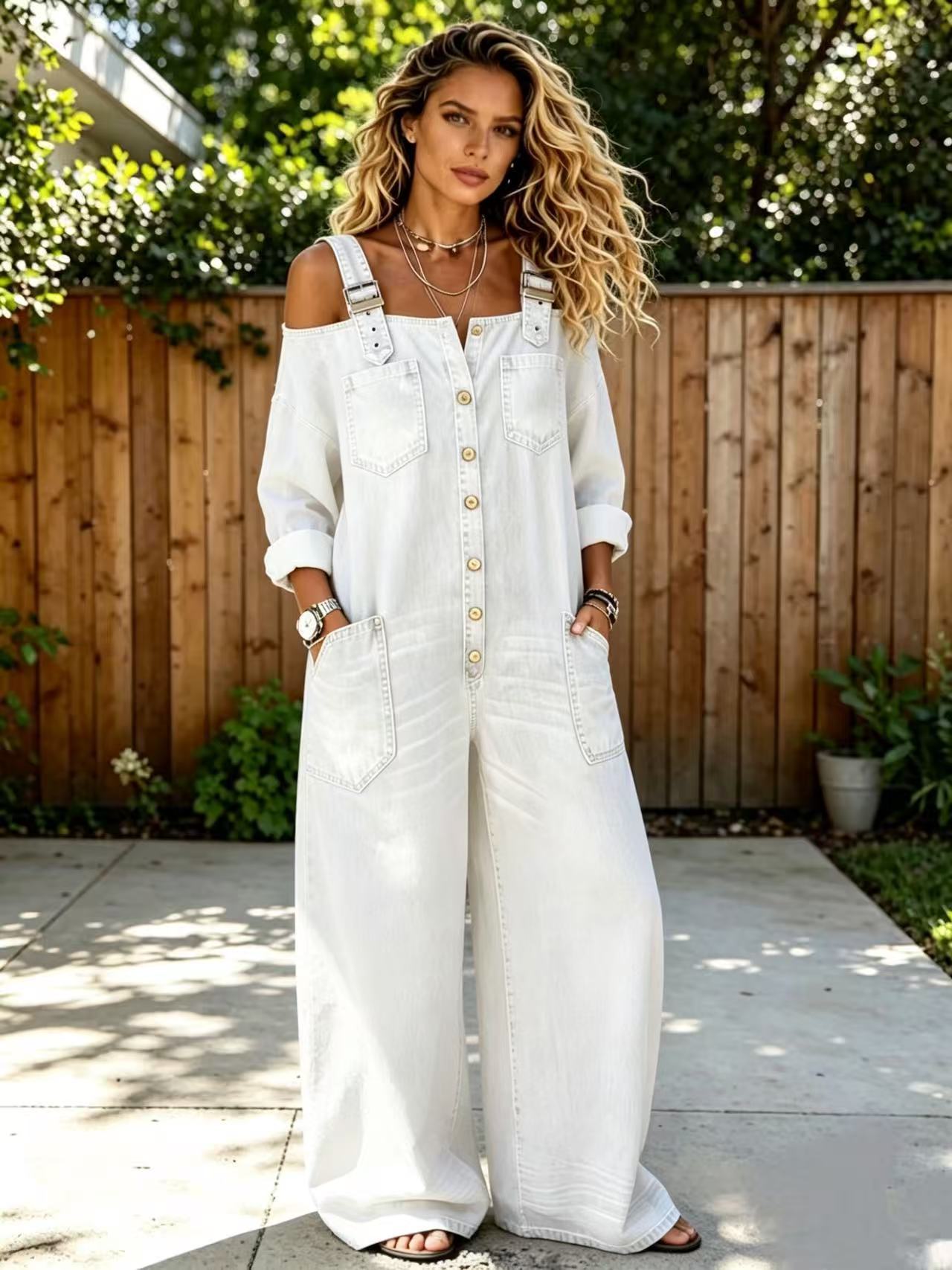 Womens Jumpsuit Stylish Denim Wide-leg