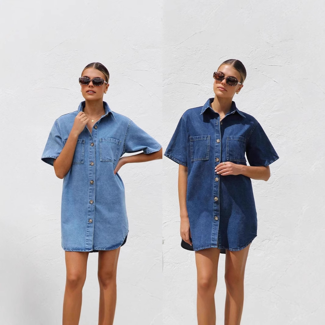 Denim Dress Notch-Collar Pocketed Women's