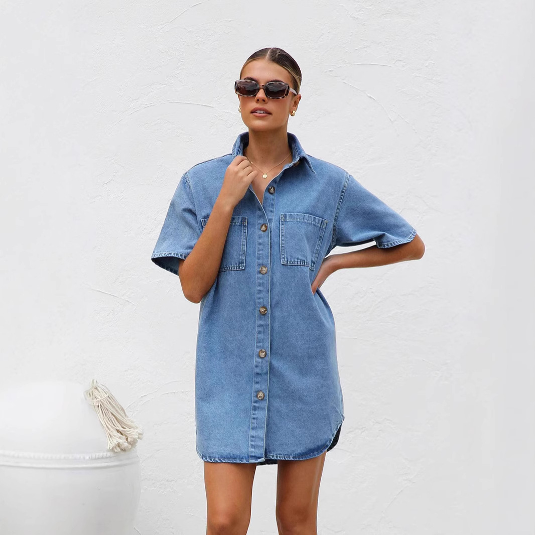 Denim Dress Notch-Collar Pocketed Women's