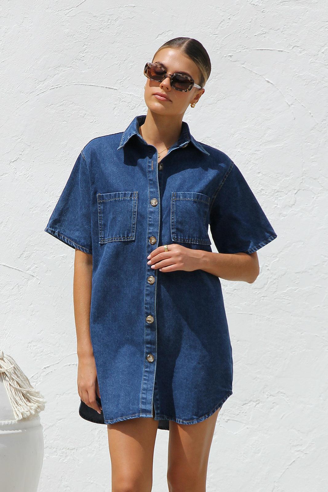 Denim Dress Notch-Collar Pocketed Women's