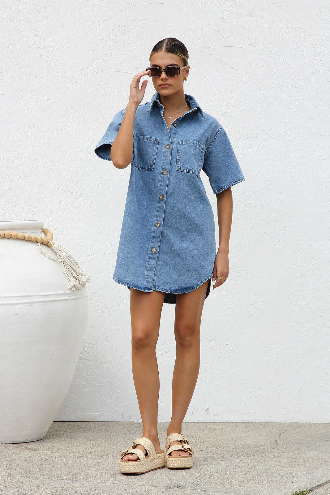 Denim Dress Notch-Collar Pocketed Women's