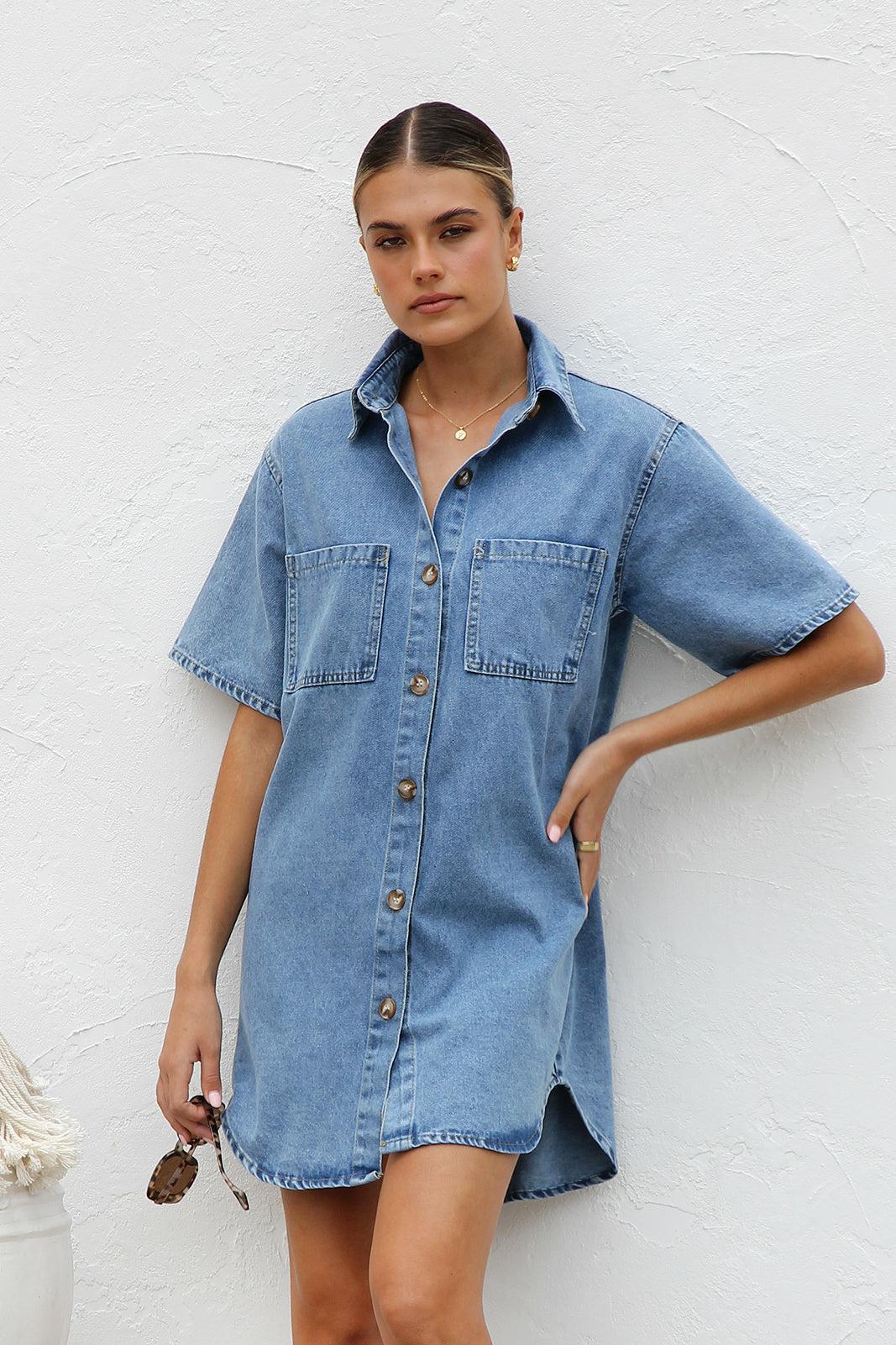 Denim Dress Notch-Collar Pocketed Women's