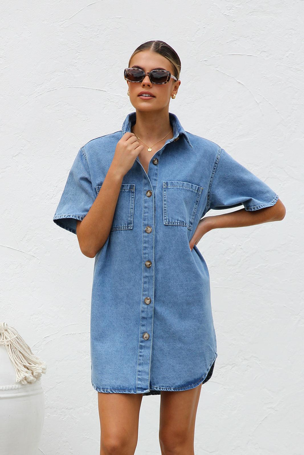 Denim Dress Notch-Collar Pocketed Women's