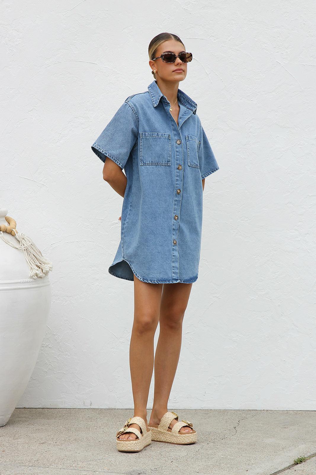 Denim Dress Notch-Collar Pocketed Women's